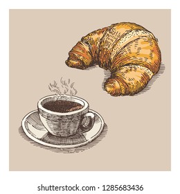 Coffee and croissant for breakfast free hand drawing, sketch style