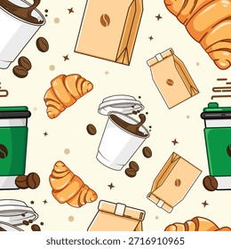 Kaffee und Croissant Frühstück nahtloses Muster Vektorgrafik