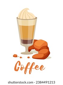 Coffee with croissant. Breakfast time with hot drinks. Vector cartoon picture