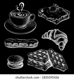 Coffee With Croissant Chalk Sketch On Black Chalkboard. Pastries, Sweet Desserts On Blackboard. Breakfast Icon Set. Drawn Sweet Pastry With Cup Of Coffee. Vintage Croissant, Eclair, Waffers, Macaroon