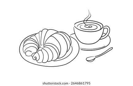 Café con croissant, dibujo de línea continua. Bebida, pastel, contorno del desayuno. Ilustración vectorial