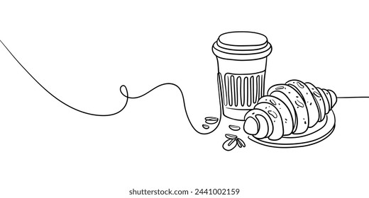 Coffee with croissant continuous line art drawing isolated on white background. Black and white. Vector illustration