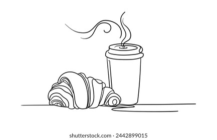 Café con croissant dibujo de línea continua aislado sobre fondo blanco. Dibujo de arte de línea capuchino. Blanco y negro. Ilustración de vector