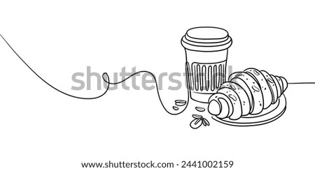 Coffee with croissant continuous line art drawing isolated on white background. Black and white. Vector illustration