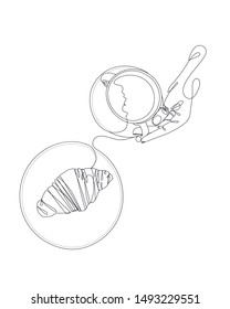 Coffee and croissant continuous line drawing element isolated on white background for logo or decorative element. Vector illustration of beverage form in trendy outline style.