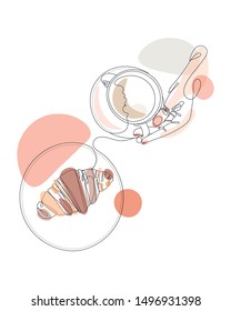 Coffee and croissant continuous line drawing element isolated on white background for logo or decorative element. Vector illustration of beverage form in trendy outline style.