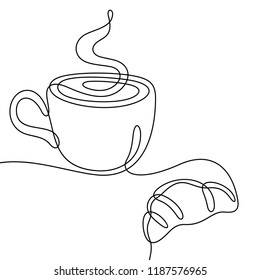 Coffee and croissant continuous line sketch