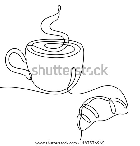 Coffee and croissant continuous line sketch