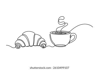 Coffee and Croissant continuous one line drawing, Single line art, Linear style, isolated on a transparent background