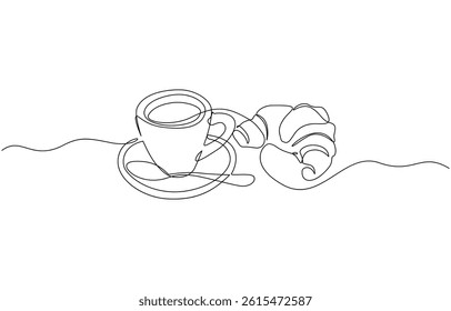 Coffee and Croissant continuous one line drawing, Single line art, Coffee cup and croissant continuous line drawing. Vector illustration isolated on white.
