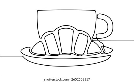 Coffee and Croissant continuous one line drawing. breakfast with croissant and coffee drawn in one line style, One continuous line drawing croissant with coffee mug. 