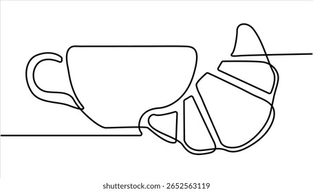 Coffee and Croissant continuous one line drawing. breakfast with croissant and coffee drawn in one line style, One continuous line drawing croissant with coffee mug. 