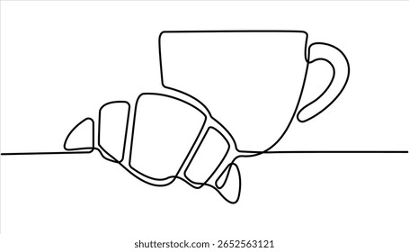 Coffee and Croissant continuous one line drawing. breakfast with croissant and coffee drawn in one line style, One continuous line drawing croissant with coffee mug. 