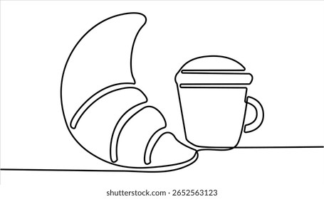 Coffee and Croissant continuous one line drawing. breakfast with croissant and coffee drawn in one line style, One continuous line drawing croissant with coffee mug. 