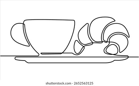 Coffee and Croissant continuous one line drawing. breakfast with croissant and coffee drawn in one line style, One continuous line drawing croissant with coffee mug. 