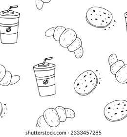 coffee, croissant and cookies seamless pattern hand drawn in doodle style. food background