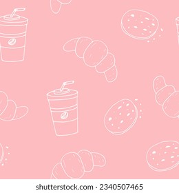 coffee, croissant and cookies seamless pattern hand drawn in doodle style. food background