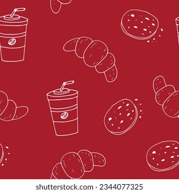 café, croissant y galletas se dibujan a mano en forma de doodle. fondo alimentario