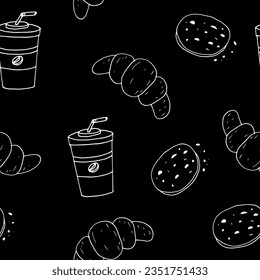 coffee, croissant and cookies seamless pattern hand drawn in doodle style. food background