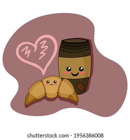 Coffee and croissant with cute faces on a pink background with hearts, kawaii style, vector illustration. Suitable for decorating a coffee shop.