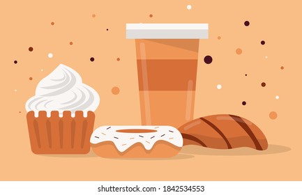 Coffee, croissant, donut, cream cake in a basket vector illustration