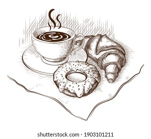 Coffee, croissant and donut drawing, vector illustration isolated on white. Sketch of hot cup of coffee or tea with fresh pastry, vintage engraved style. sweet breakfast, morning time design element