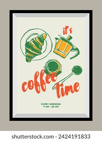 Coffee and croissant hand drawn illustration in a poster frame for wall art gallery