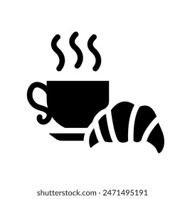 Coffee and croissant icon. Breakfast symbol. French bakery vector illustration isolated. Cafe snack sign. Coffee cup with croissant filled black icon.