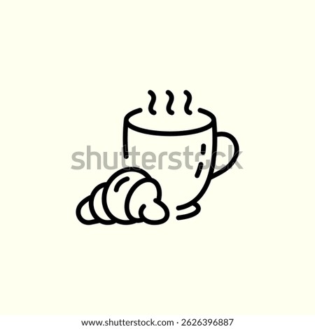 Coffee and croissant icon. Cup of coffee or tea with fresh croissant. Hot beverage and pastry. bakery or coffee shop concept. Breakfast. Vector icon