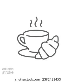 Coffee and croissant icon. Simple outline style. Bread, pastry, crescent, food and drink concept. Thin line symbol. Vector illustration isolated. Editable stroke.