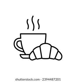Coffee and croissant icon. Simple outline style. Bread, pastry, crescent, food and drink concept. Thin line symbol. Vector illustration isolated.