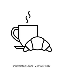 Coffee and croissant icon. Simple outline style. Bread, pastry, crescent, food and drink concept. Thin line symbol. Vector illustration isolated.