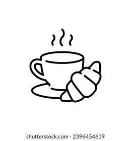 Coffee and croissant icon. Simple outline style. Bread, pastry, crescent, food and drink concept. Thin line symbol. Vector illustration isolated.