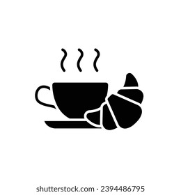 Coffee and croissant icon. Simple solid style. Bread, pastry, crescent, food and drink concept. Black silhouette, glyph symbol. Vector illustration isolated.