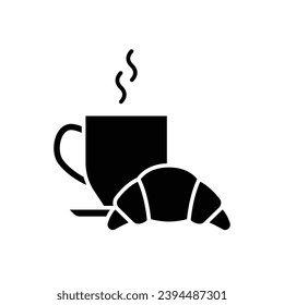 Coffee and croissant icon. Simple solid style. Bread, pastry, crescent, food and drink concept. Black silhouette, glyph symbol. Vector illustration isolated.