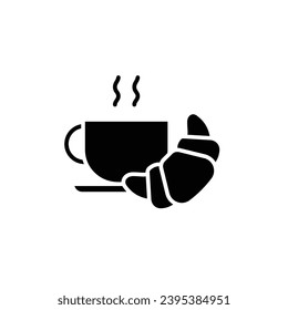 Coffee and croissant icon. Simple solid style. Bread, pastry, crescent, food and drink concept. Black silhouette, glyph symbol. Vector illustration isolated.