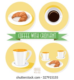 Coffee with croissant icons set. Round icons isolated on a white background. Elements can be used as an clip-art objects.