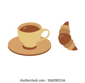 Coffee and croissant icons. Traditional french breakfast in flat design. Fresh organic cafe in cup with pastry. Morning cappuccino and bakery or coffee break with dessert in cartoon style.