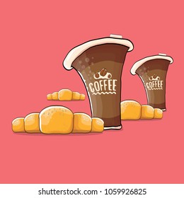 coffee and croissant isolated on pink background. vector coffee cup with cake  cartoon style