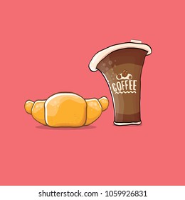 coffee and croissant isolated on pink background. vector coffee cup with cake  cartoon style