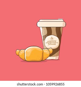 coffee and croissant isolated on pink background. vector coffee cup with cake  cartoon style