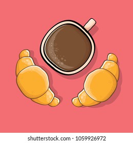 coffee and croissant isolated on pink background. vector top view coffee cup with flat lay cake cartoon style. 