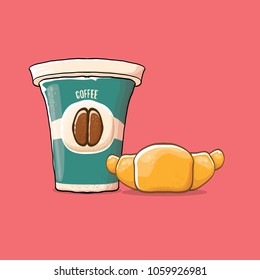 coffee and croissant isolated on pink background. vector coffee cup with cake  cartoon style