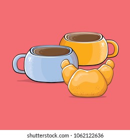 coffee and croissant isolated on pink background. vector coffee cup with cake cartoon style. Good morning cute graphic illustration