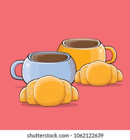 coffee and croissant isolated on pink background. vector coffee cup with cake cartoon style. Good morning cute graphic illustration