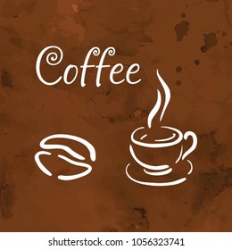 Coffee and croissant isolated vector icons. Coffee beans. White dessert symbol on a chocolate background. Baking and coffee logo. Cartoon silhouette for menu