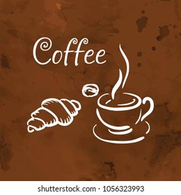 Coffee and croissant isolated vector icons. Coffee beans. White dessert symbol on a chocolate background. Baking and coffee logo. Cartoon silhouette for menu