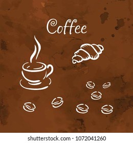 Coffee and croissant isolated vector icons. Coffee beans. White dessert symbol on a chocolate background. Baking and coffee logo. Cartoon silhouette for menu

