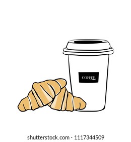 Coffee and croissant, love forever. Modern Vector illustration fashion. A Cup of coffee and two croissants on white background.