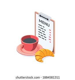 Coffee, croissant and menu board. Vector 3d isometric, color web or print icons, new flat style. Creative illustration, idea for infographics.